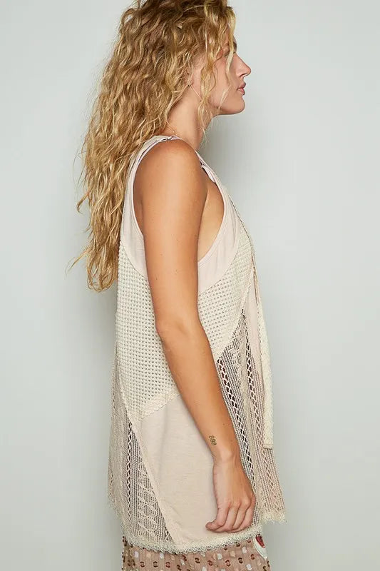 POL Lace Up Crochet Lace Tank