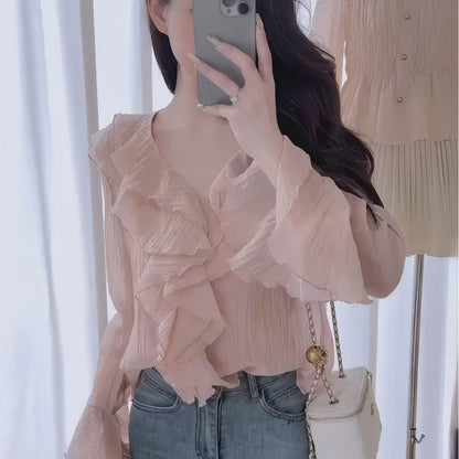 Gentle And Sweet Ruffled-edge Blouse For Women