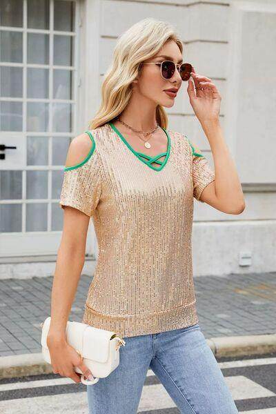 Sequin Crisscross V-Neck Cold Shoulder Blouse for Women