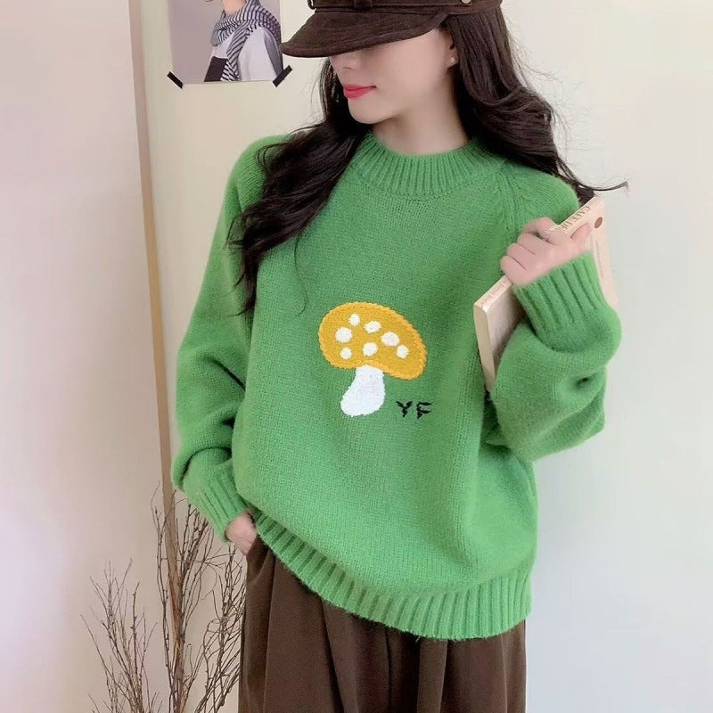 Women's Knitted Mushroom-pattern Crew-neck Pullover Top