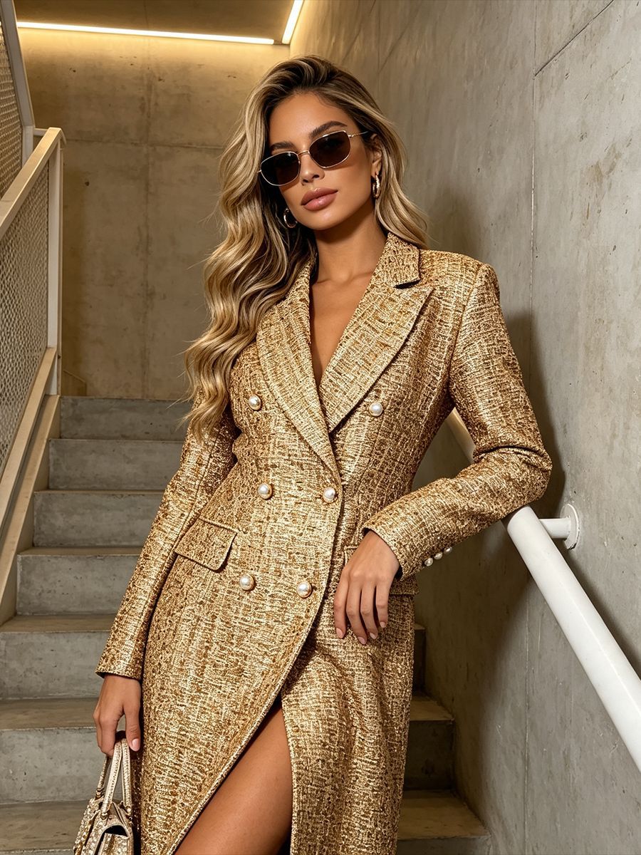 Double-Breasted Metallic Gold Tweed Long Coat