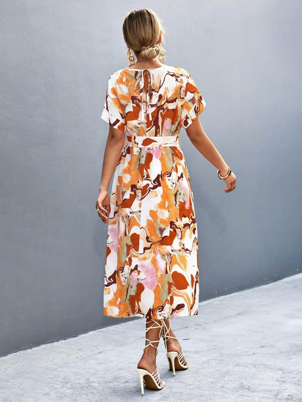 Round Neck Short Sleeve Tie Waist Midi Dress for Women