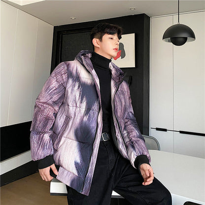 Fried Street Purple Fur Animal Print Fur Three-dimensional Print Hooded Cotton Jacket Men