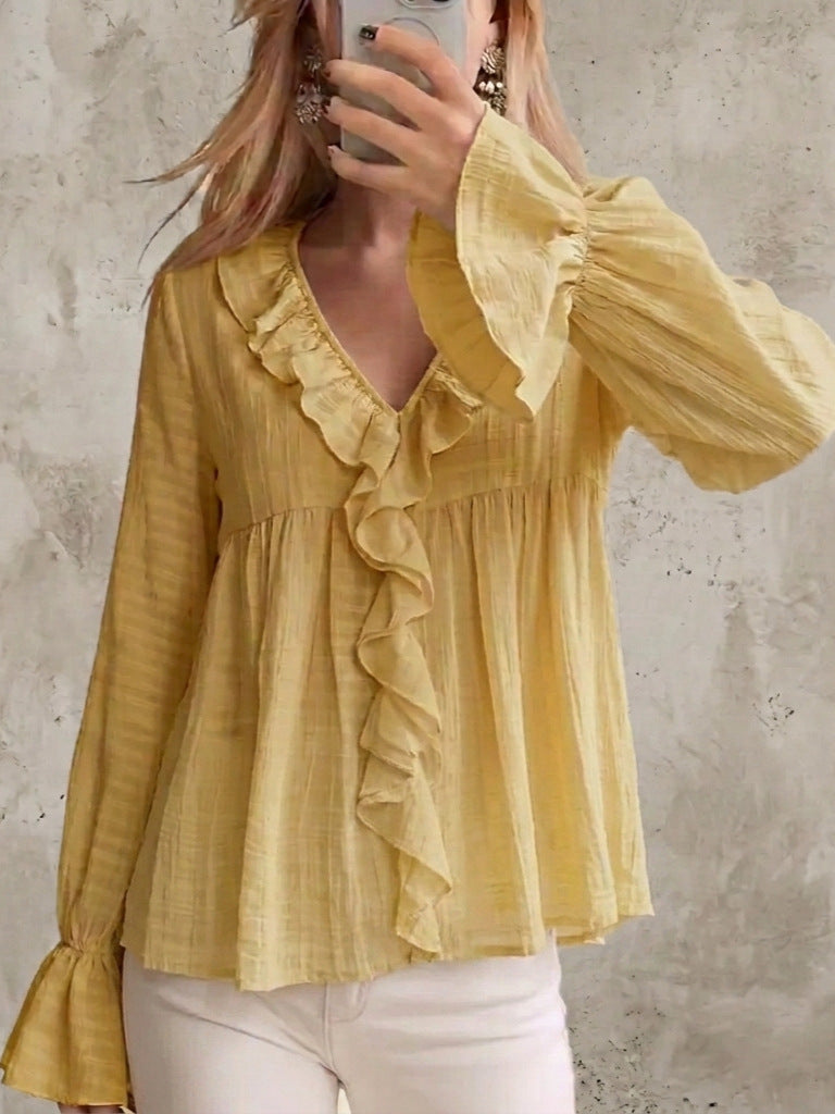 Casual Thin Ruffle Collar Flared Long Sleeve Shirt Top