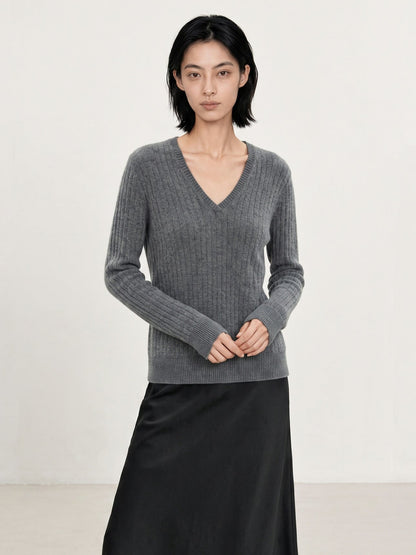 Ribbed V-Neck Ultrafine Merino Wool & Cashmere-Silk Blend Knit Sweater