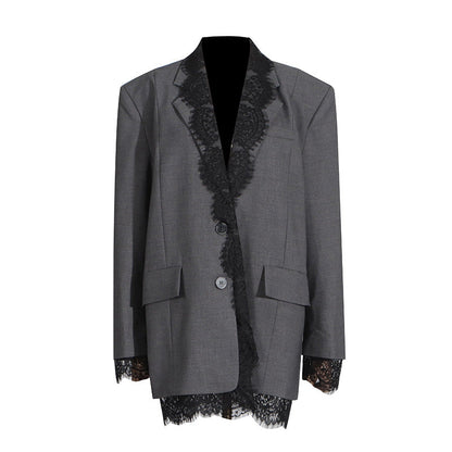Lace-Panel Design Statement Long-Sleeve Structured Blazer For Women