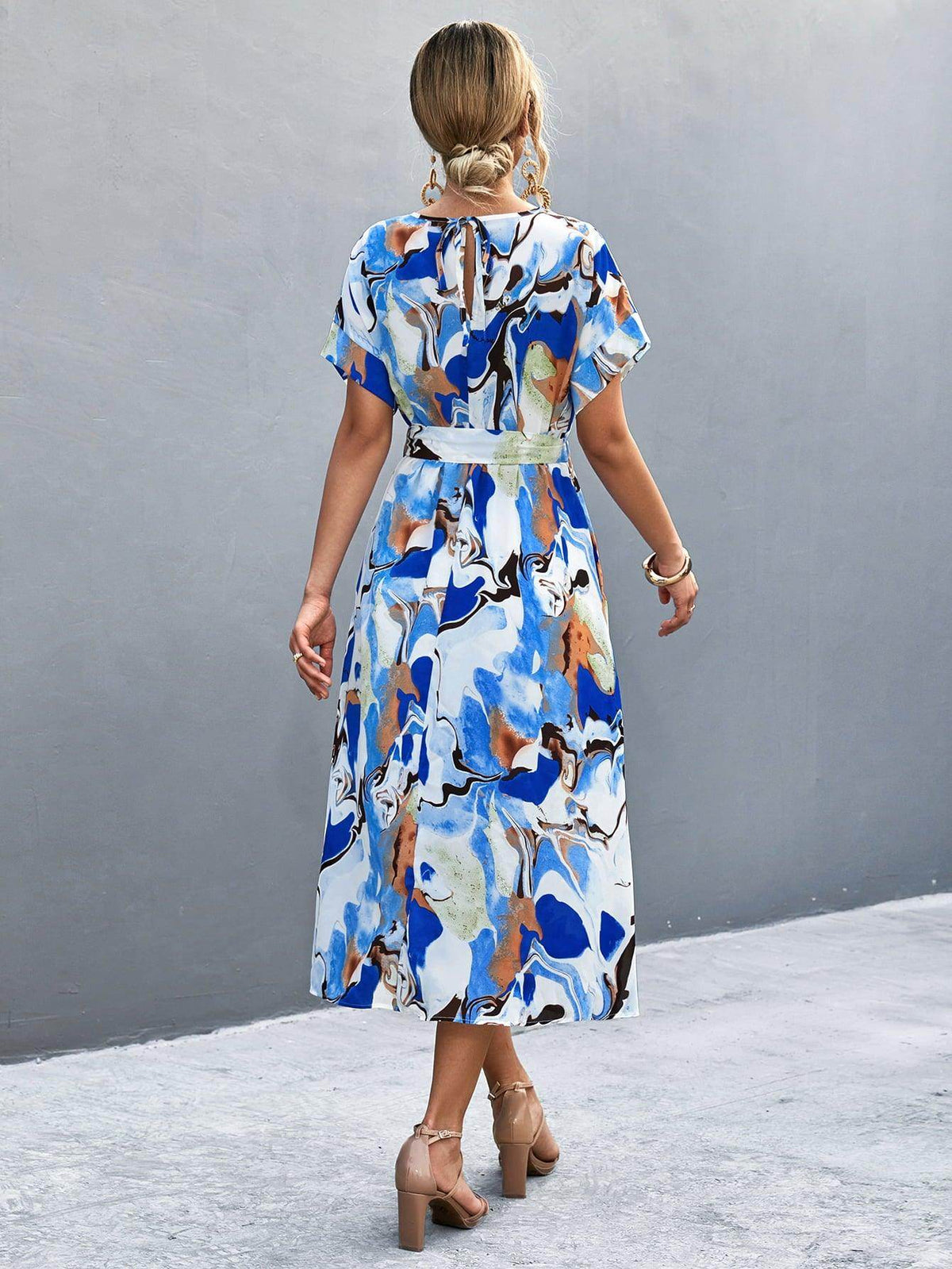 Round Neck Short Sleeve Tie Waist Midi Dress for Women