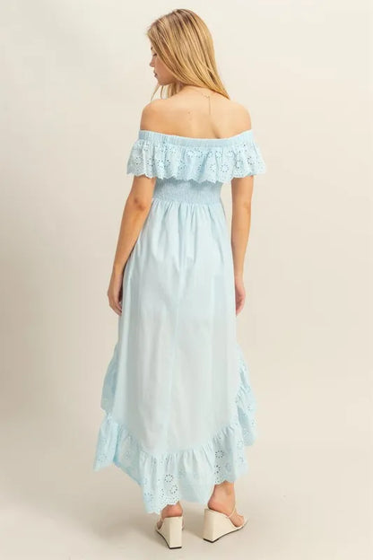HYFVE High-Low Eyelet Ruffled Off-Shoulder Dress