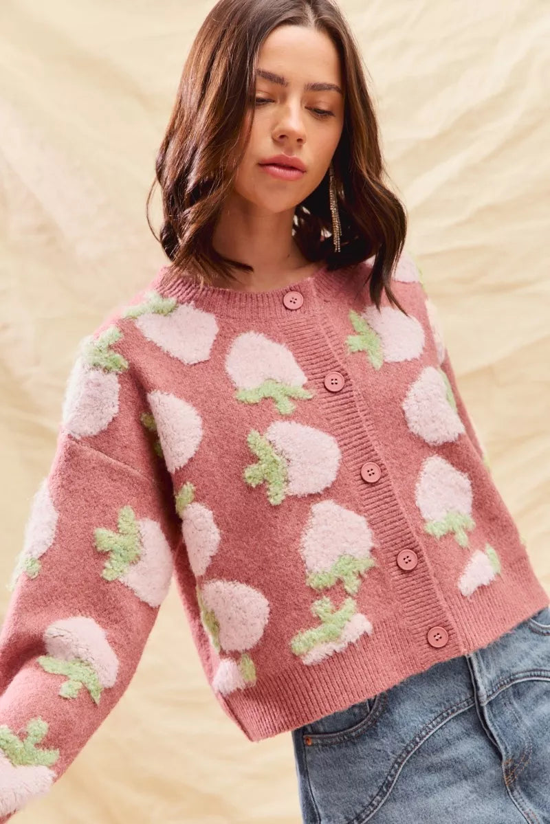 SO ME Strawberry Fruit All Over Button Sweater Cardigan