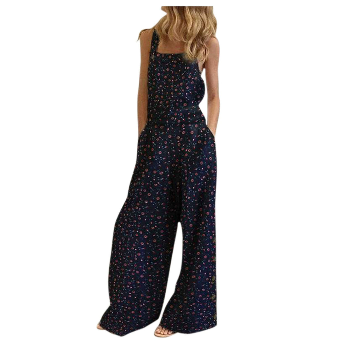 Womens Floral-print Side-pocket Relaxed-fit Suspender Pants