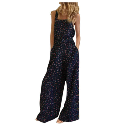 Womens Floral-print Side-pocket Relaxed-fit Suspender Pants