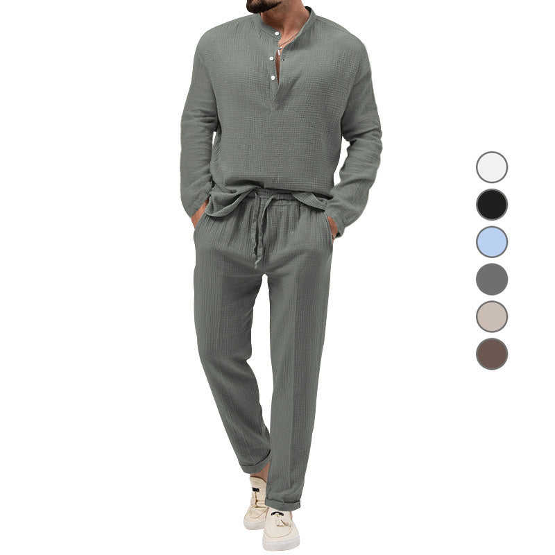 Solid Color Casual T-shirt Long Sleeve Shirt Trousers Set