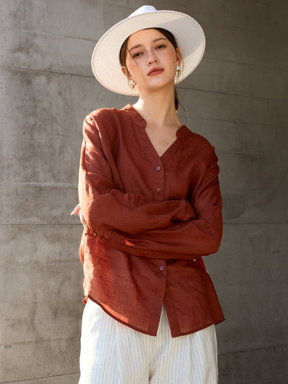 Ramie V-Neck Long Sleeve Blouse