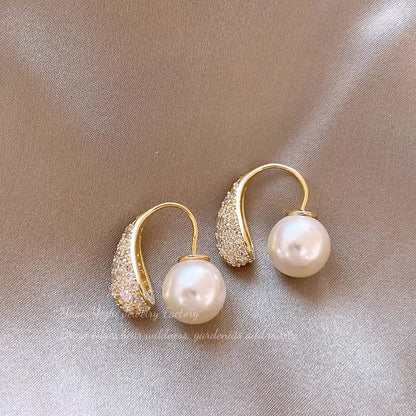 Real Gold Electroplated Micro-Inlaid Exquisite Zircon Small Bean Earrings For Women, Light Luxury Niche High-End Teardrop-Shaped Pearl Earrings
