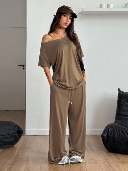 SpringSummer Women's Casual Solid-Color Sports Two-Piece Set