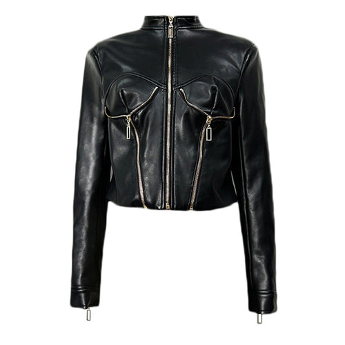 Heavy-duty PU Leather Moto-style Cropped Jacket With A Stand Collar And Zip Front
