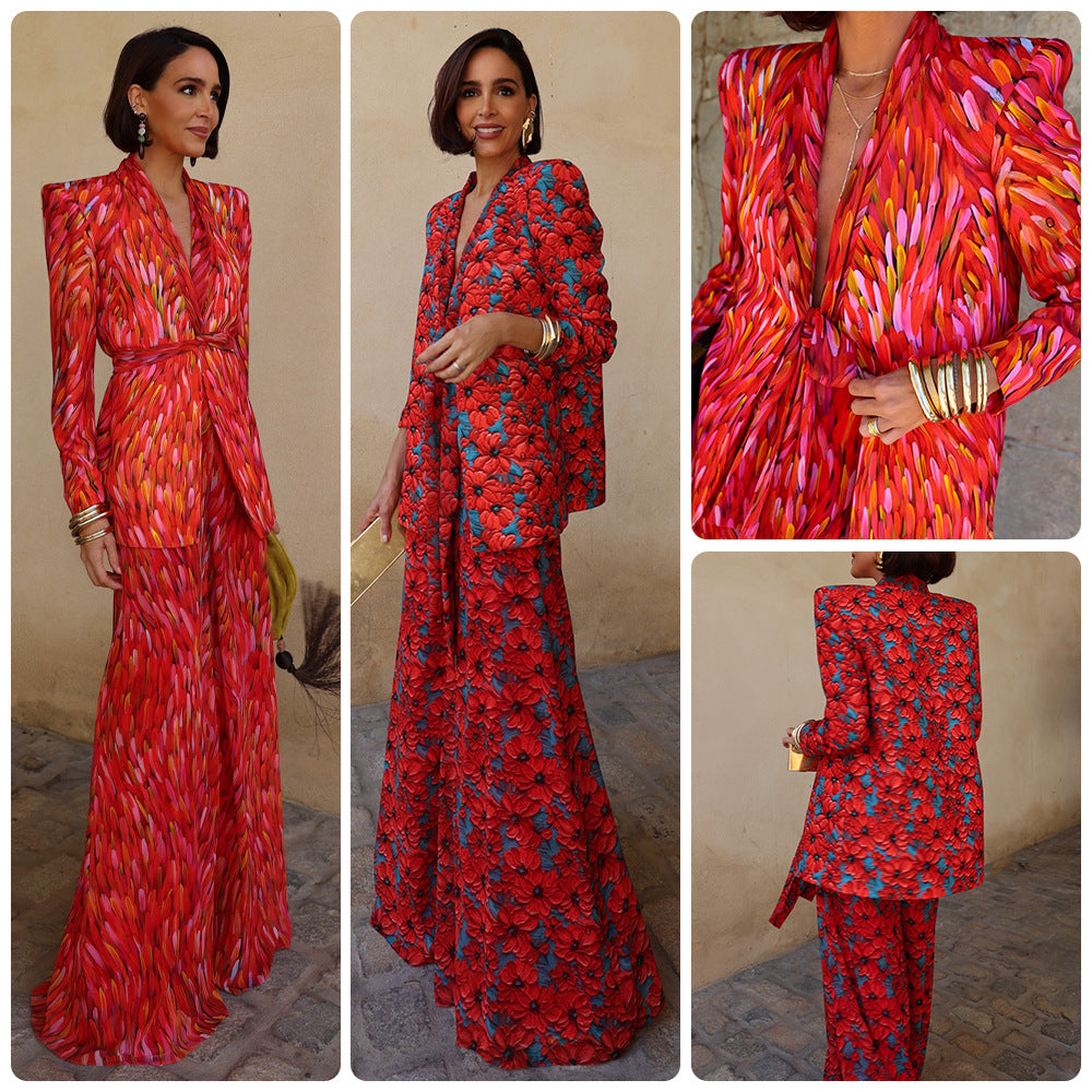 Women's Jacquard V-neck Padded-shoulder Polyester Suit With Trousers