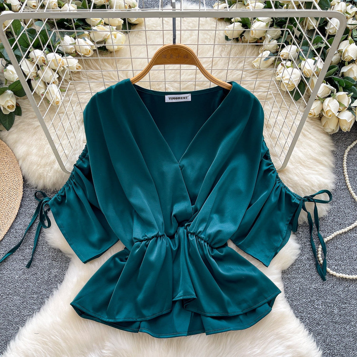 Women's Versatile Drawstring Short-sleeve Waist-cinching Satin Blouse