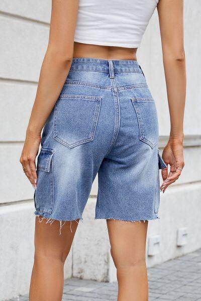 Raw Hem Washed Denim Shorts with Cargo Pockets for Women