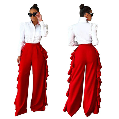 Ruffle Trimmed High-waisted Wide-leg Pants