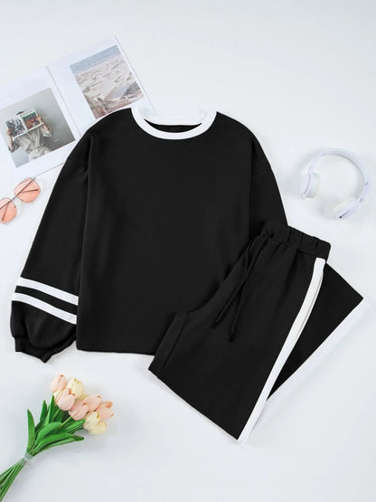 Contrast Trim Round Neck Top and Pants Set