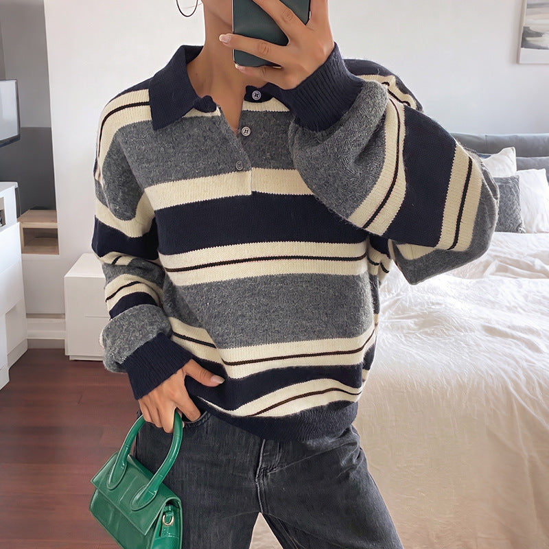 Loose-fitting Striped Color-block V-neck Half-zip Knit Sweater