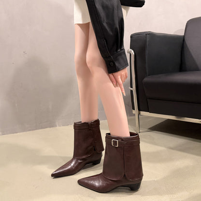 Women Elegant Pointed Toe Metal Buckle Strap Ankle Boots, Folded Shaft Soft Leather Low Heel Short Booties Retro