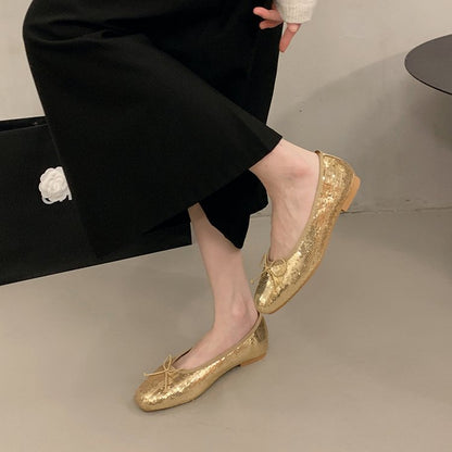 Shiny Gold Sequin Ballerina Flats, Casual Comfortable Flat Shoes For Women