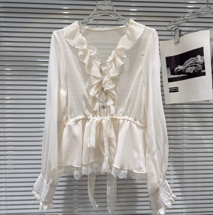 V-neck Ruffled Waist-cinching Long-sleeve Chiffon Blouse Top