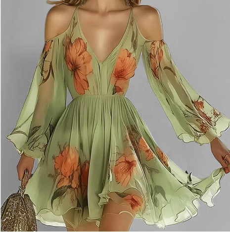 Off-shoulder Long-sleeve Chiffon Dress For Women