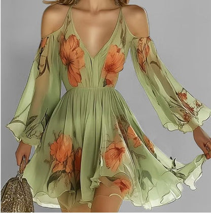 Off-shoulder Long-sleeve Chiffon Dress For Women