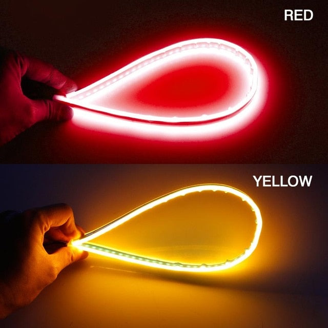 60cm New Slim Amber Sequential Flexible LED DRL For Headlight Strip Daytime Running Light With Yellow Turn Signal Lamp 12V