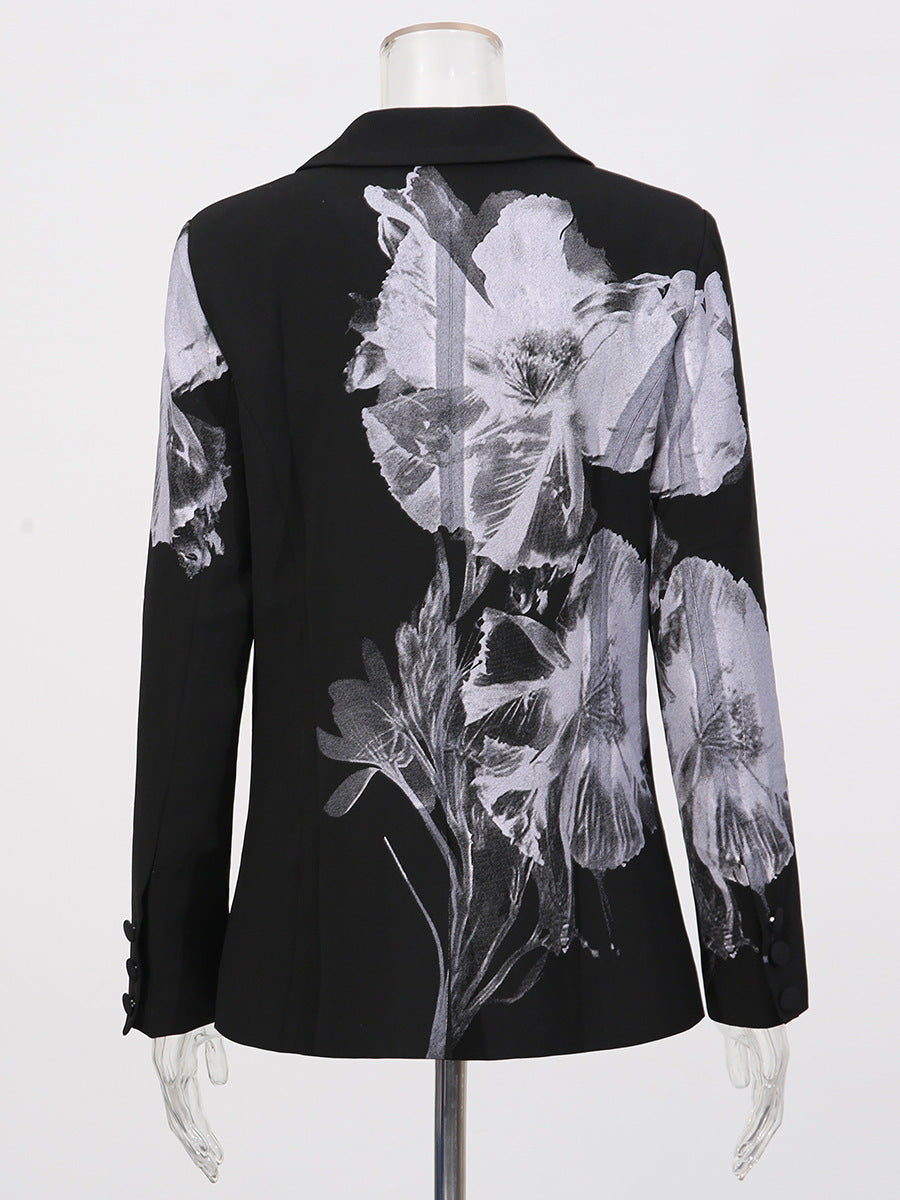 Ink Floral Print Blazer & Flared Trousers Two-Piece Suit