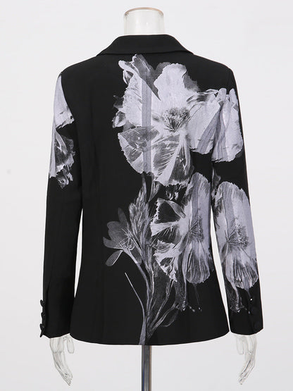 Ink Floral Print Blazer & Flared Trousers Two-Piece Suit