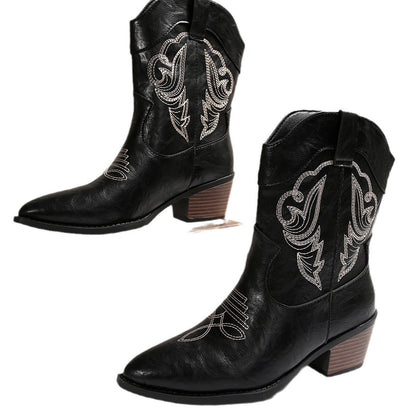 Western Cowboy Embroidered Chunky Heel Versatile Mid-calf Vintage Boots