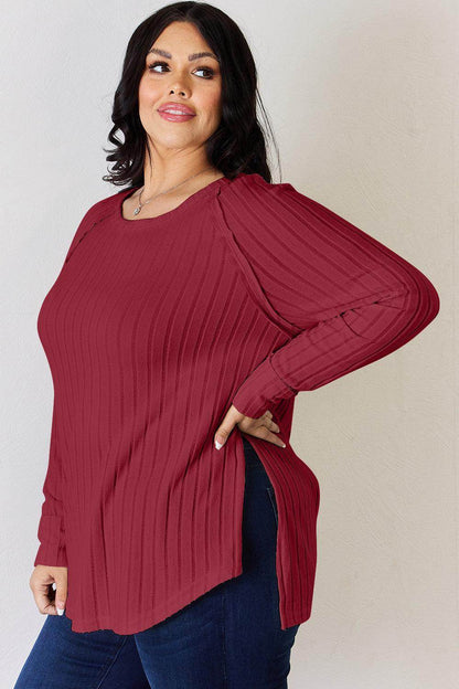 Basic Bae Full Size Ribbed Round Neck Slit T-Shirt for Women