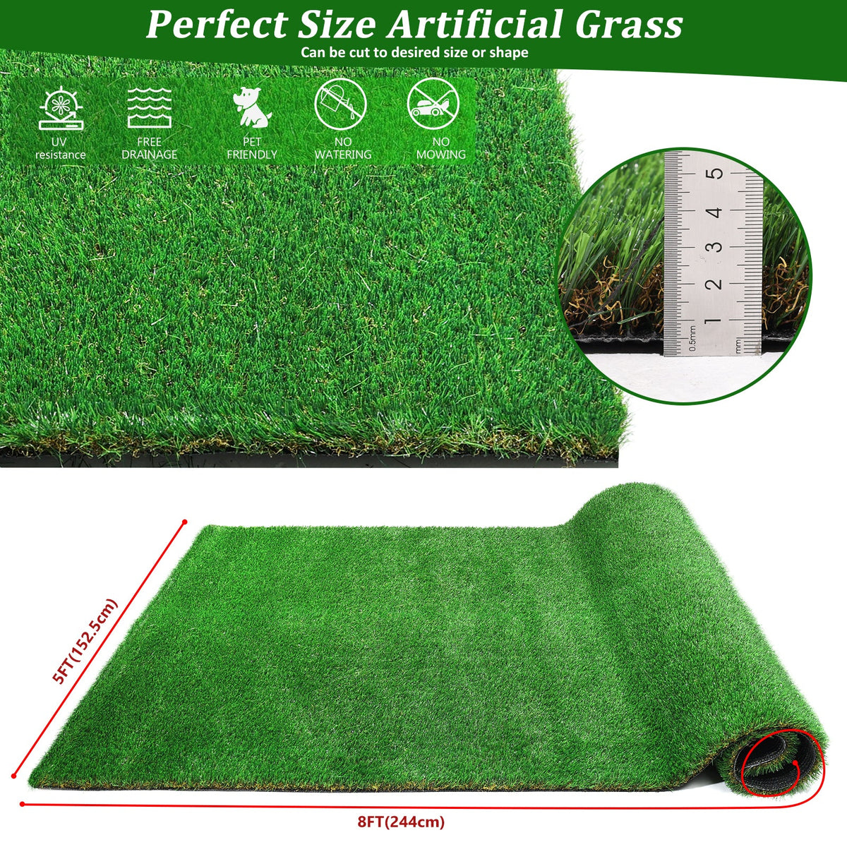 5FTX8FT outdoor artificial grass running blanket, thick and realistic fake grass roll with a pile height of 1.38 inches
