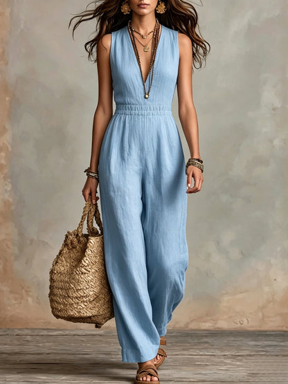 Women's Solid-Color Halter Neck V-Neck Slim-Fit Jumpsuit