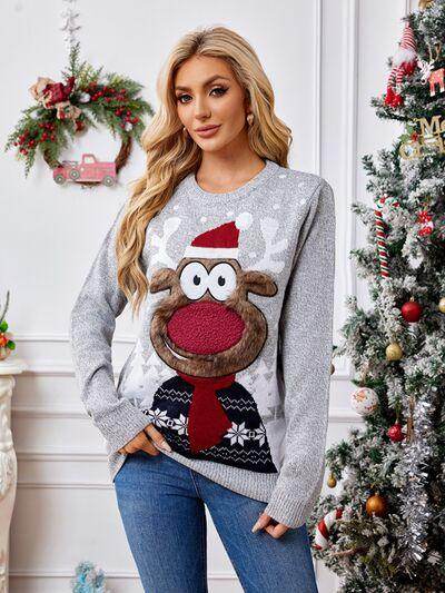 Reindeer Round Neck Long Sleeve Sweater for Women