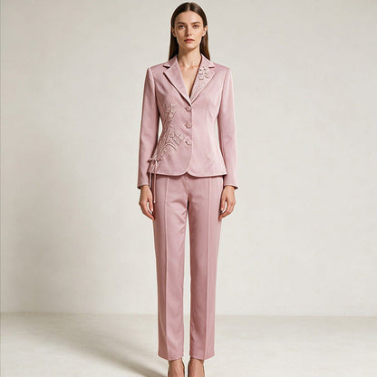 Embroidered Floral Applique Blazer & Straight-Leg Pants Suit Set