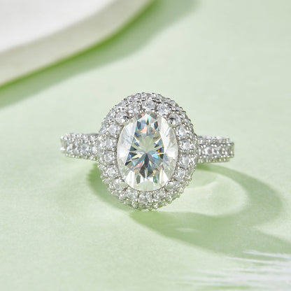 S925 Sterling Silver 2ct Oval Moissanite Ring, 7x9mm D-VVS1 Double Halo, Platinum Plated 5.3g US Sizes 5-9, GRA Certificate Gift Box