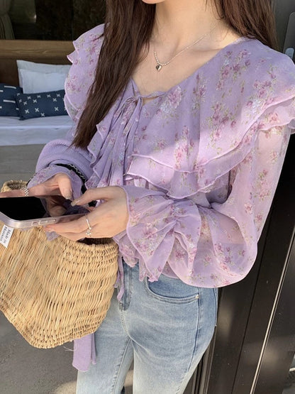 Womens Versatile Floral-print Bow-tie Lace-up Blouse