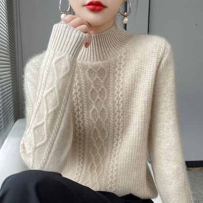 New Fall Winter Women Thick Knit Sweater, Mock Neck Cable Pattern Loose Fit Pullover, Casual Warm Basic Long Sleeve Underwear Top