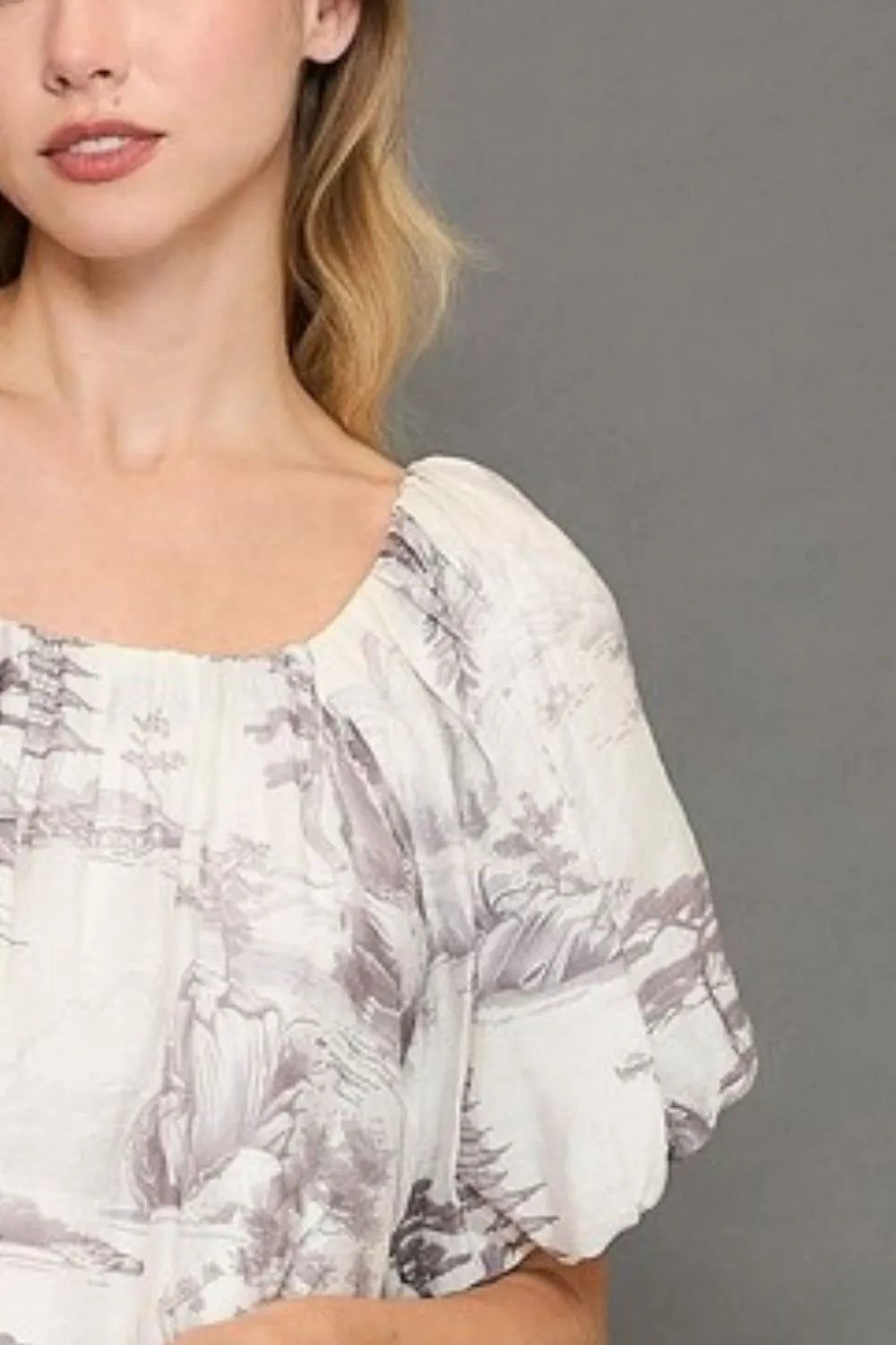 Umgee Full Size Two Tone Toile Print Top Plus Size