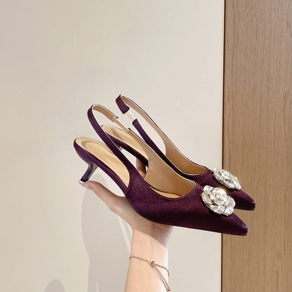 2026 Summer Women  Rhinestone Camellia Pointed Toe High Heel Sandals, Elegant Slim Fit Stiletto Closed Toe Pumps