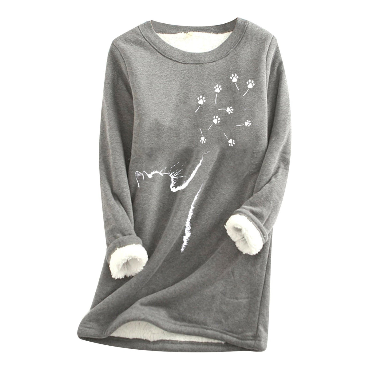 Womens Cat-Paw Print Fluffy Crew-Neck Sweatshirt