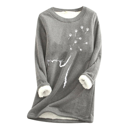 Womens Cat-Paw Print Fluffy Crew-Neck Sweatshirt