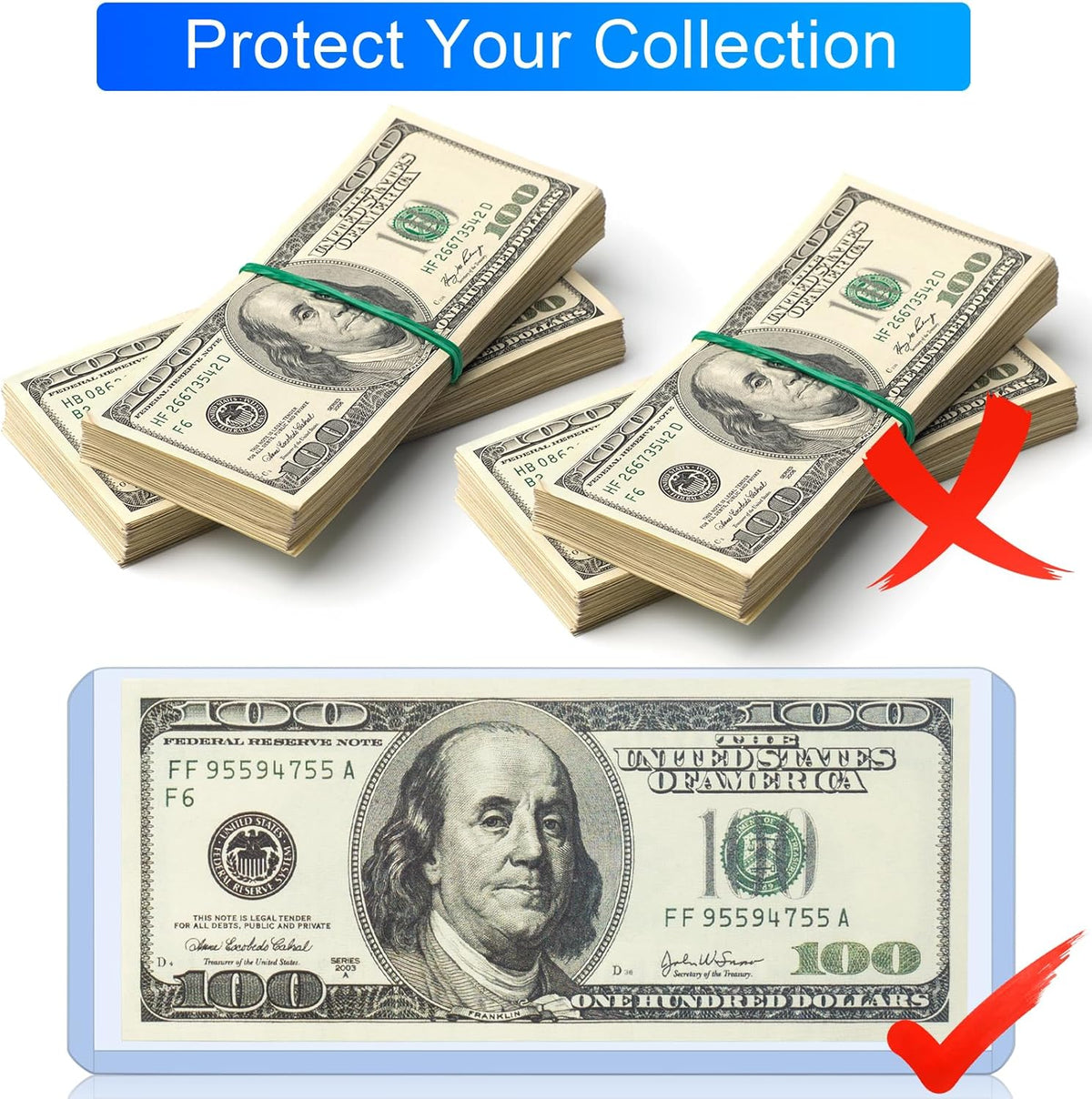20 Pack Dollar Bill Sleeves - 6.8" X 2.9" Clear Currency Sleeves, Hard Plastic Waterproof Money Holders, Dollar Bill Display Case, Currency Protectors, Organizer for Collectors