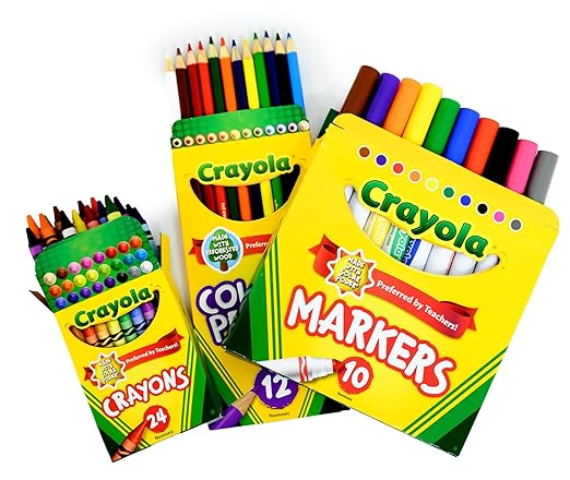 Back to School Supply Box Grades K-5 - School Supply Boxes - 32 Piece School Supplies Kit Includes Markers, Crayons, Pencils, Scissors, Folders, Glue Sticks, Notebook, and Composition Book