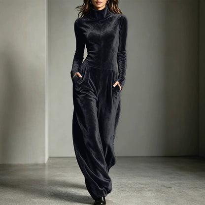 Womens Casual Turtleneck Solid-Color Long-Sleeve Jumpsuit